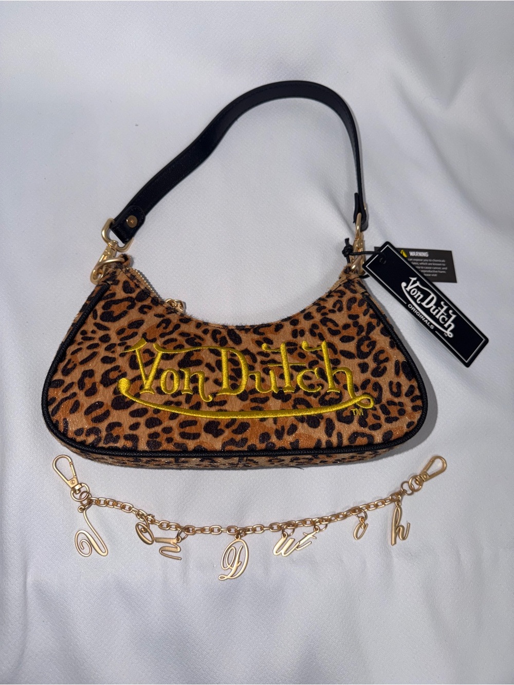 Von Dutch Leopard Shoulder Bag with Yellow Logo & Gold Charm Chain